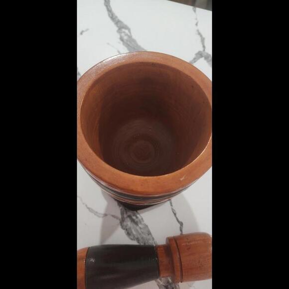 Vintage Wood Hand Turned Carved Floral Three Tone Mortar and Pestle LARGE - Picture 3 of 9